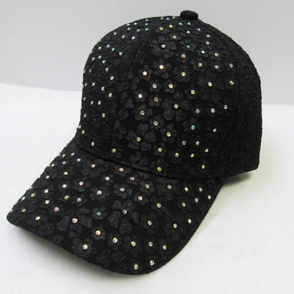 Sparkle Black Floral Lace Baseball Hat Cap Iridescent Rhinestone Studded - Picture 1 of 4